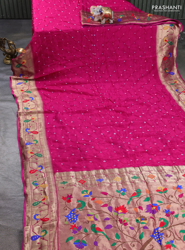 Dola silk saree pink with allover bandhani prints and paithani border