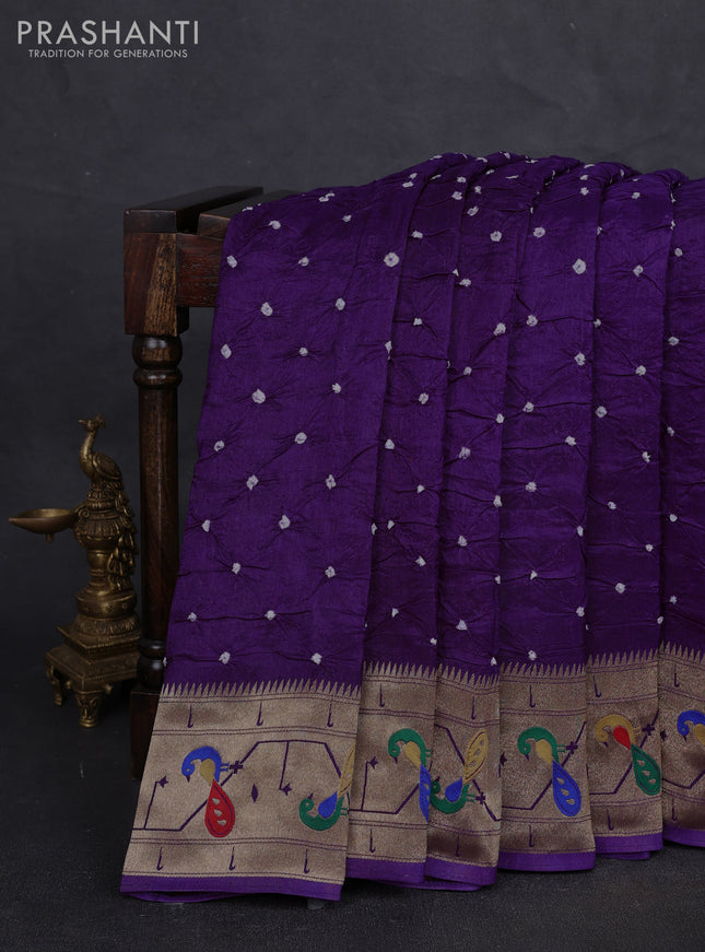 Dola silk saree purple with allover bandhani prints and paithani border