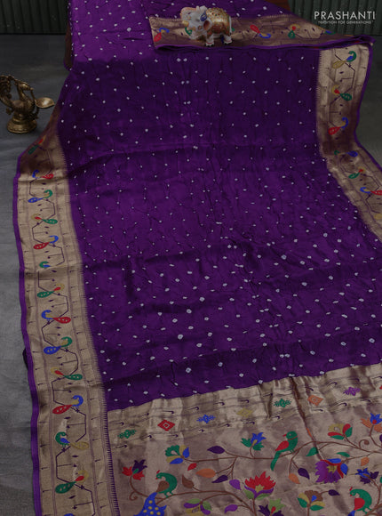 Dola silk saree purple with allover bandhani prints and paithani border