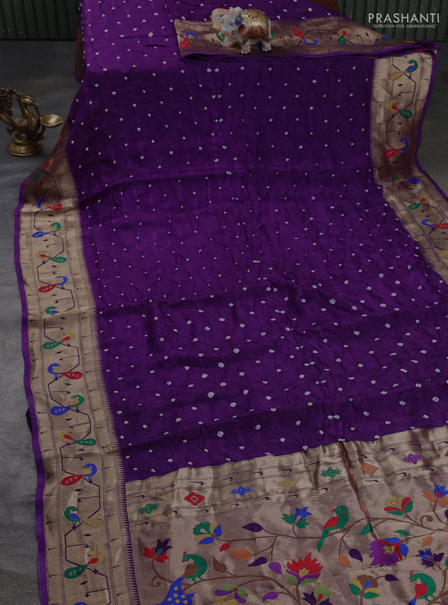 Dola silk saree purple with allover bandhani prints and paithani border