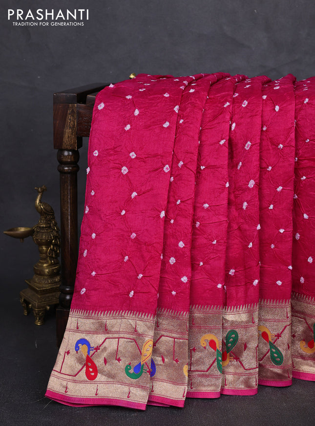 Dola silk saree pink with allover bandhani prints and paithani border