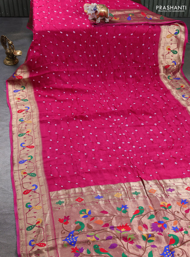 Dola silk saree pink with allover bandhani prints and paithani border