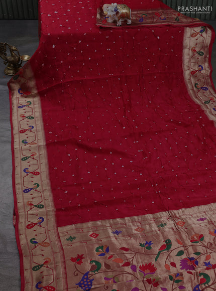 Dola silk saree red with allover bandhani prints and paithani border