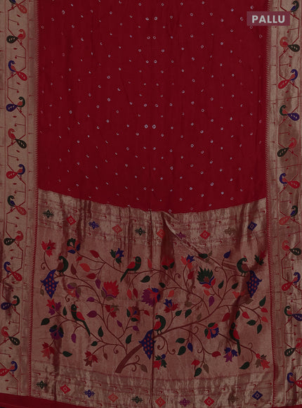 Dola silk saree red with allover bandhani prints and paithani border