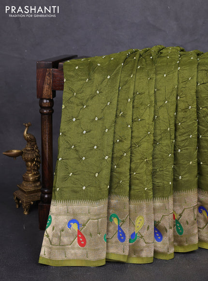 Dola silk saree mehendi green with allover bandhani prints and paithani border