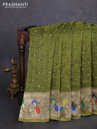 Dola silk saree mehendi green with allover bandhani prints and paithani border