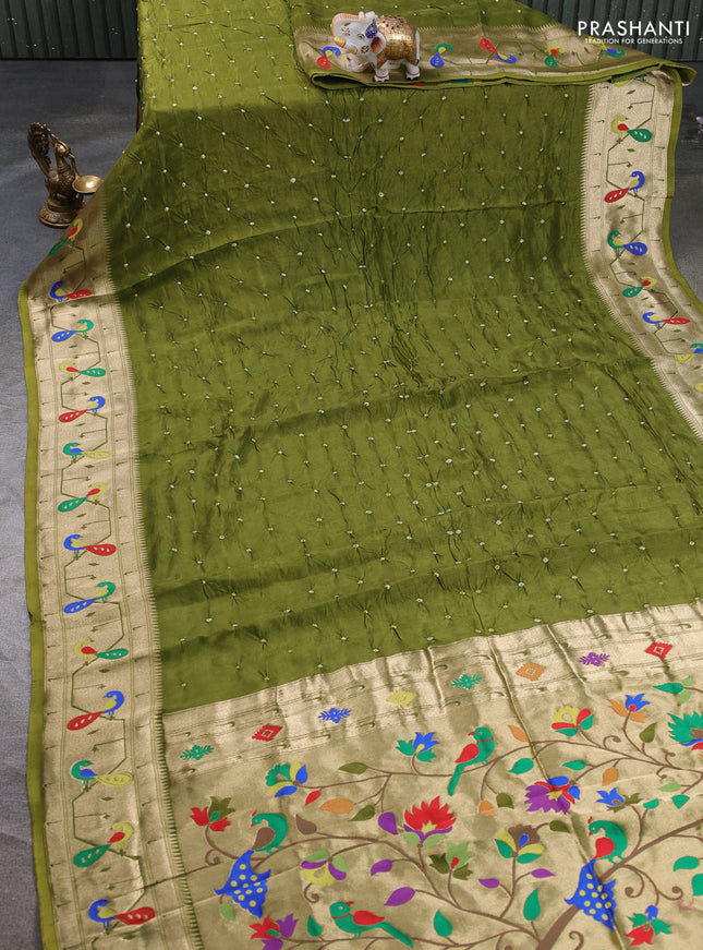 Dola silk saree mehendi green with allover bandhani prints and paithani border