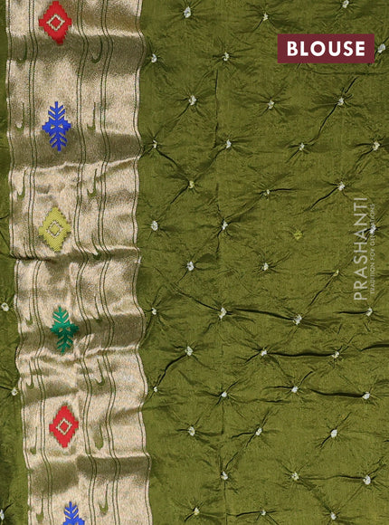 Dola silk saree mehendi green with allover bandhani prints and paithani border