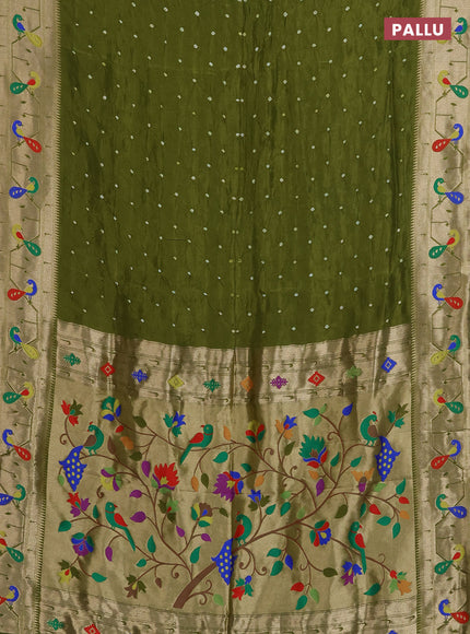 Dola silk saree mehendi green with allover bandhani prints and paithani border