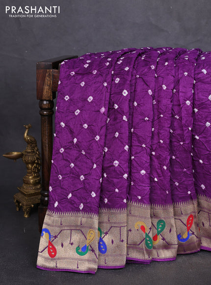 Dola silk saree violet with allover bandhani prints and paithani border