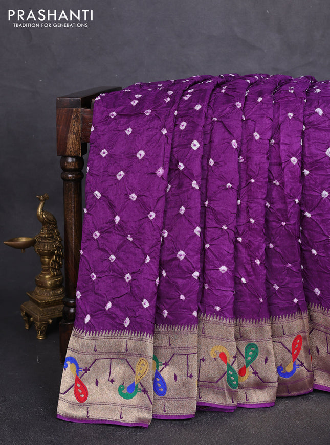 Dola silk saree violet with allover bandhani prints and paithani border