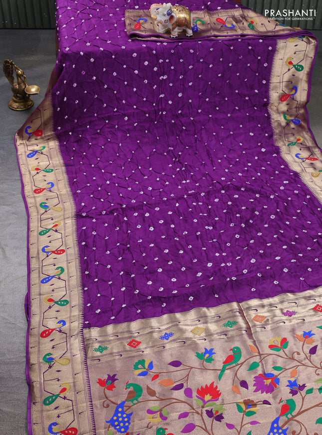 Dola silk saree violet with allover bandhani prints and paithani border