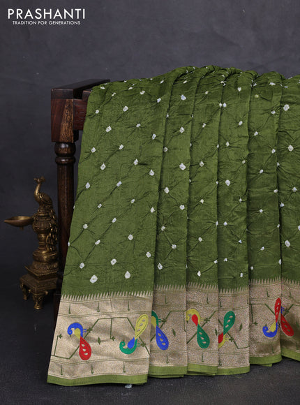 Dola silk saree sap green with allover bandhani prints and paithani border