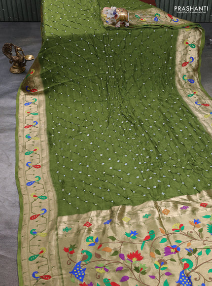 Dola silk saree sap green with allover bandhani prints and paithani border