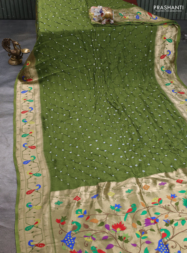 Dola silk saree sap green with allover bandhani prints and paithani border