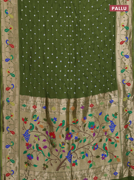 Dola silk saree sap green with allover bandhani prints and paithani border
