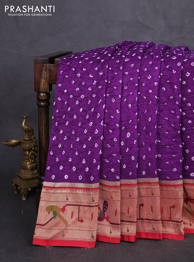 Dola silk saree deep purple and red with allover bandhani prints and paithani border