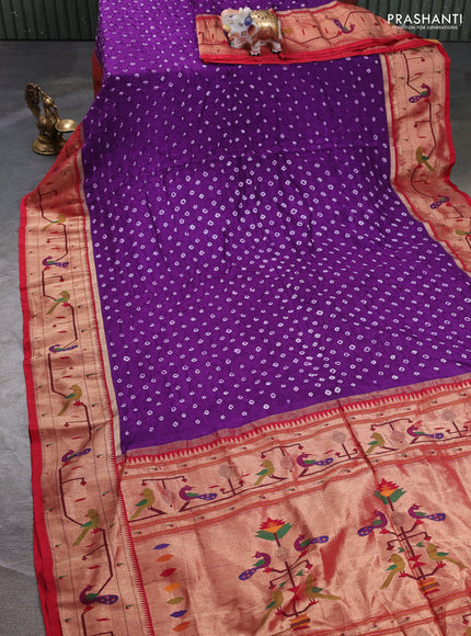 Dola silk saree deep purple and red with allover bandhani prints and paithani border