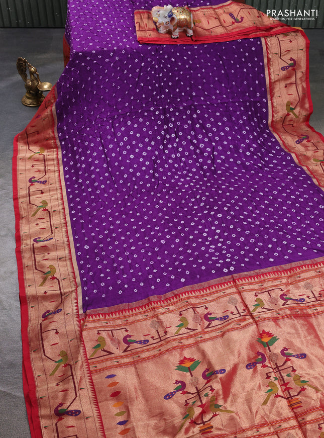Dola silk saree deep purple and red with allover bandhani prints and paithani border