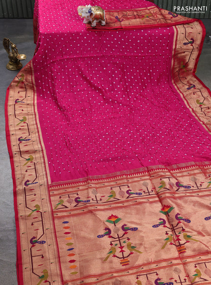 Dola silk saree pink and red with allover bandhani prints and paithani border