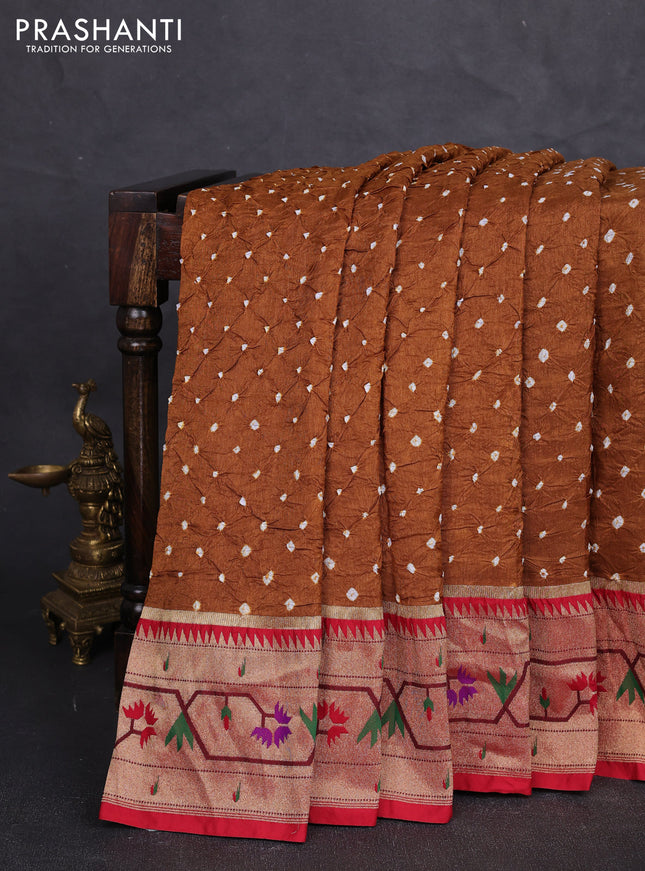 Dola silk saree dark mustard and red with allover bandhani prints and paithani border
