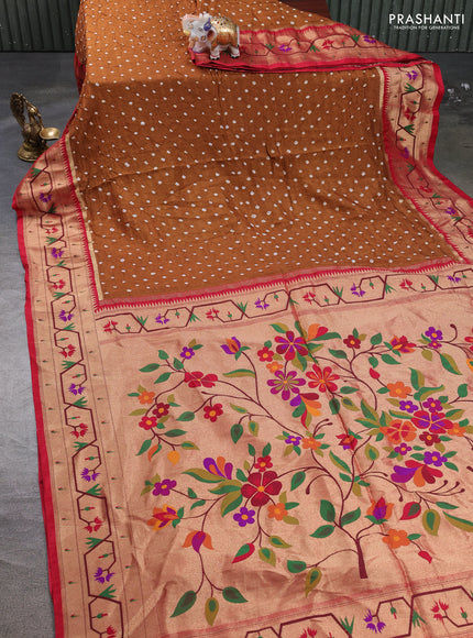 Dola silk saree dark mustard and red with allover bandhani prints and paithani border