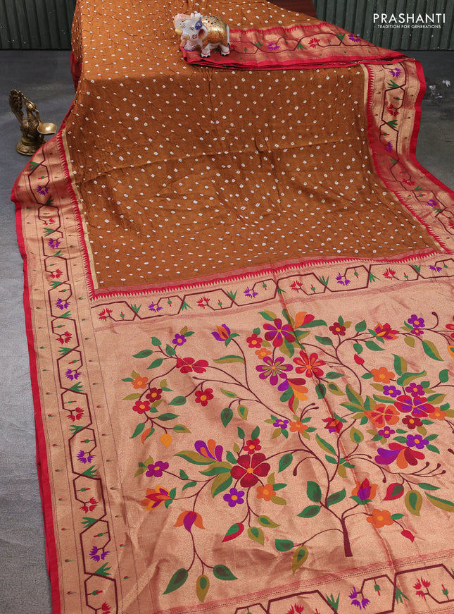 Dola silk saree dark mustard and red with allover bandhani prints and paithani border