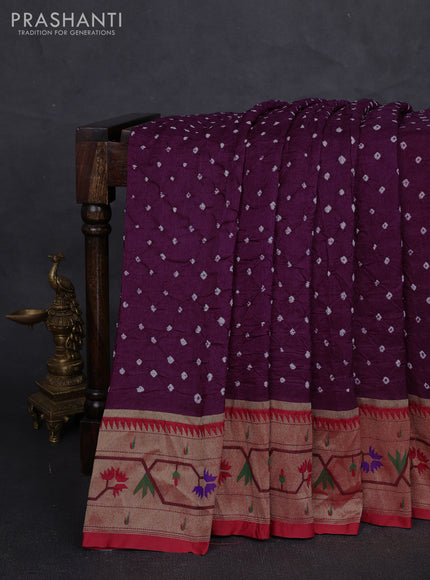 Dola silk saree wine and red with allover bandhani prints and paithani border