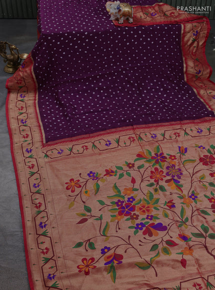 Dola silk saree wine and red with allover bandhani prints and paithani border