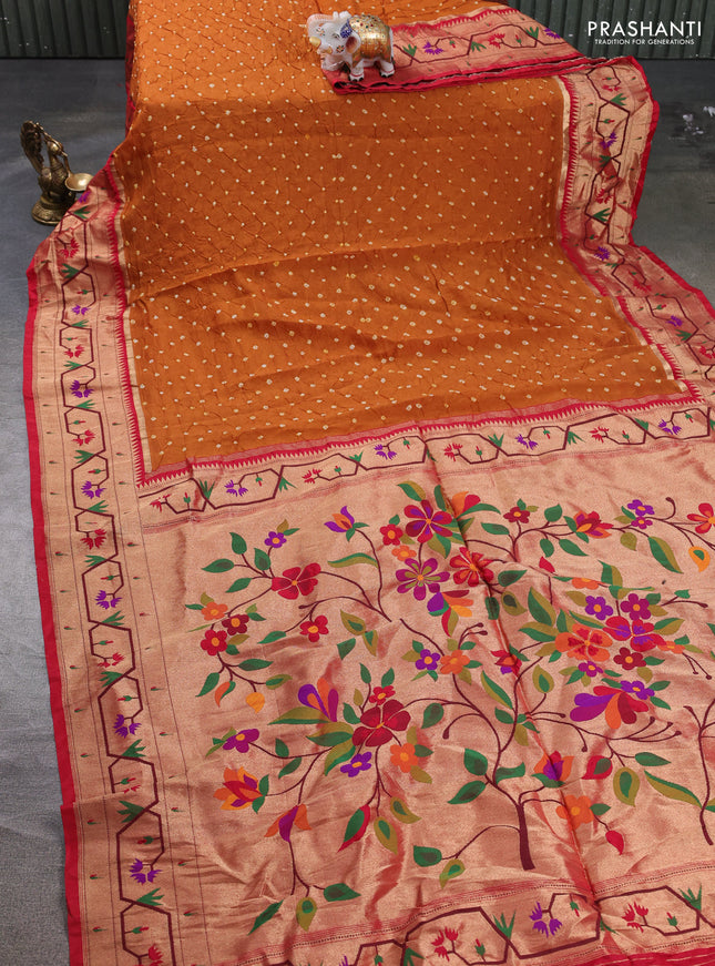 Dola silk saree dark mustard yellow and red with allover bandhani prints and paithani border
