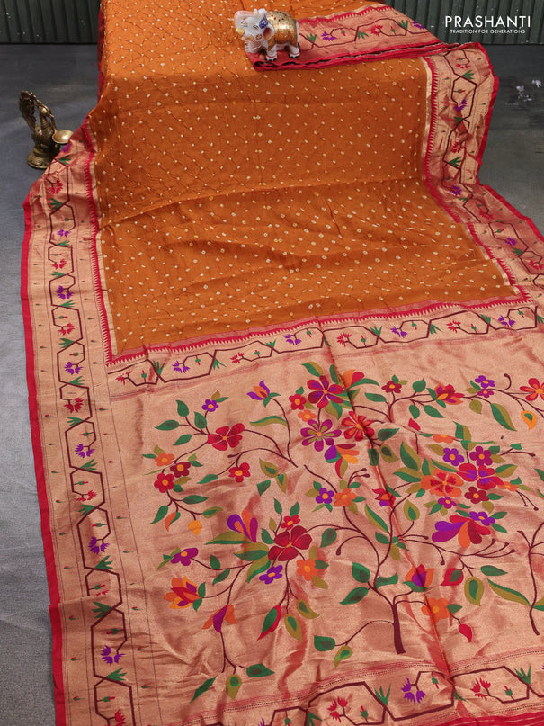 Dola silk saree dark mustard yellow and red with allover bandhani prints and paithani border