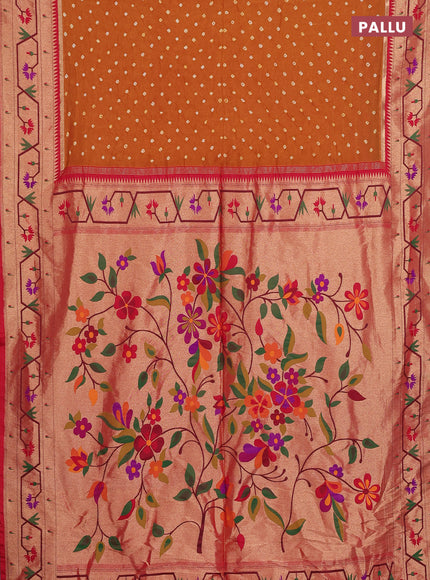 Dola silk saree dark mustard yellow and red with allover bandhani prints and paithani border