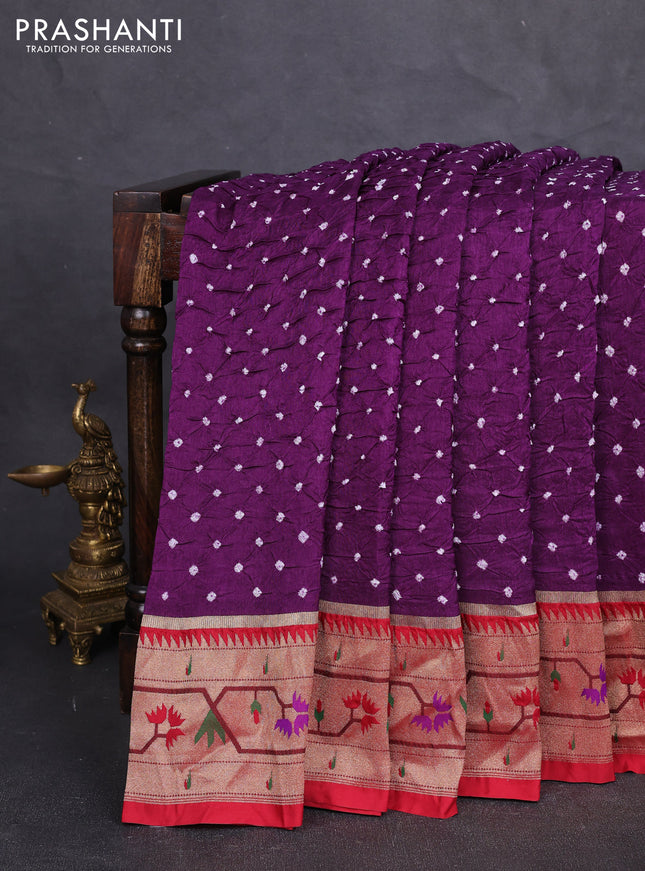 Dola silk saree purple and red with allover bandhani prints and paithani border