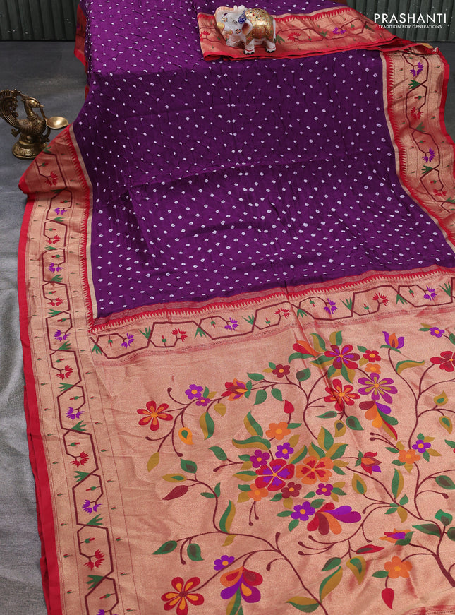 Dola silk saree purple and red with allover bandhani prints and paithani border
