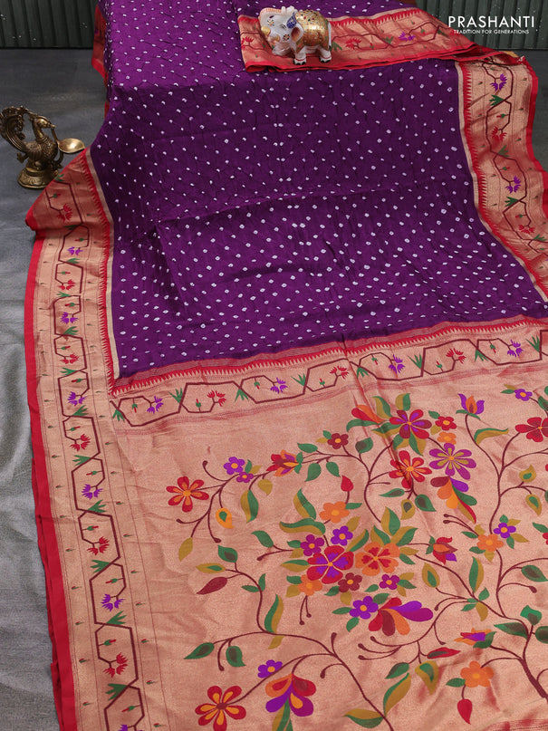 Dola silk saree purple and red with allover bandhani prints and paithani border