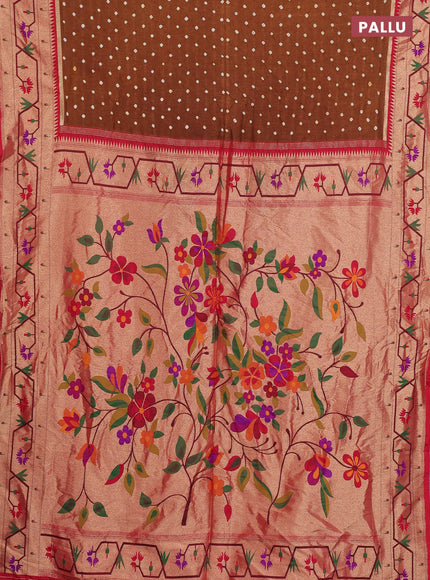 Dola silk saree dark mustard shade and red with allover bandhani prints and paithani border