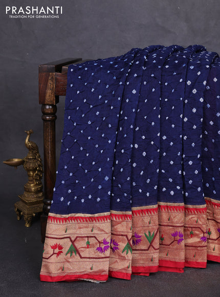 Dola silk saree navy blue and red with allover bandhani prints and paithani border