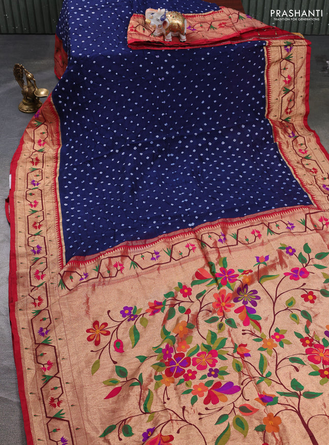Dola silk saree navy blue and red with allover bandhani prints and paithani border