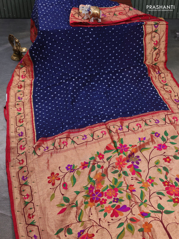 Dola silk saree navy blue and red with allover bandhani prints and paithani border