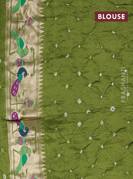 Dola silk saree light green with allover bandhani prints and paithani border
