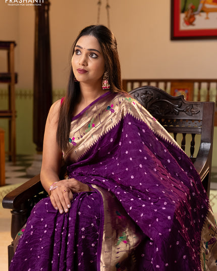 Dola silk saree purple with allover bandhani prints and paithani border