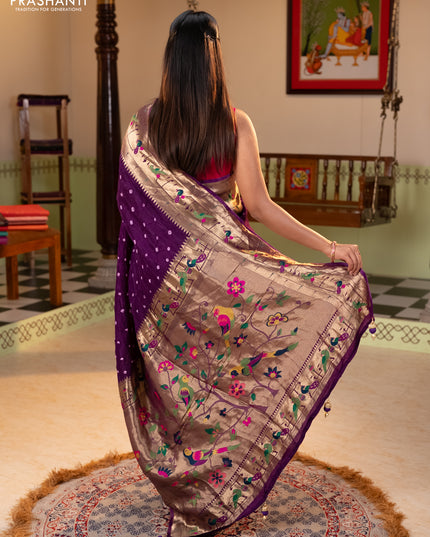Dola silk saree purple with allover bandhani prints and paithani border