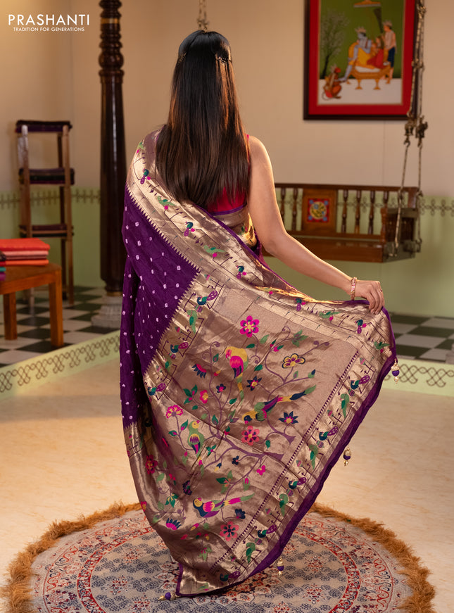 Dola silk saree purple with allover bandhani prints and paithani border