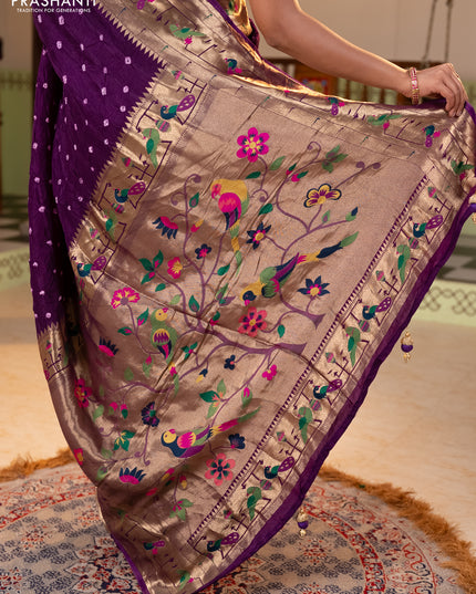 Dola silk saree purple with allover bandhani prints and paithani border