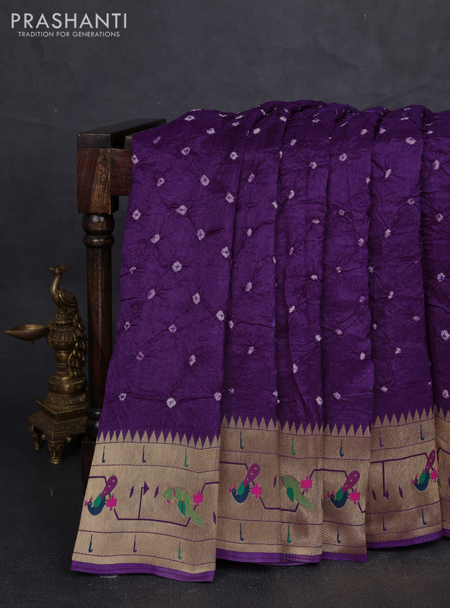 Dola silk saree purple with allover bandhani prints and paithani border