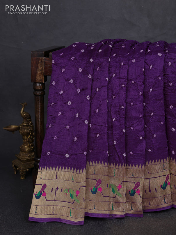 Dola silk saree purple with allover bandhani prints and paithani border