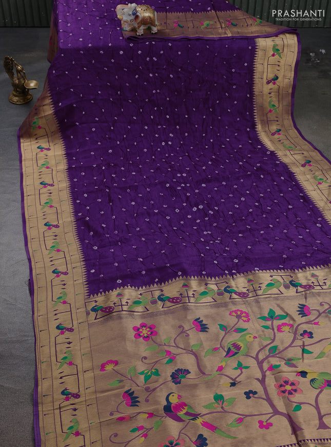 Dola silk saree purple with allover bandhani prints and paithani border