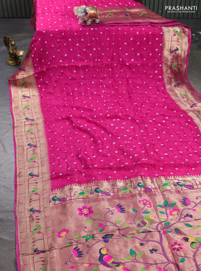 Dola silk saree pink with allover bandhani prints and paithani border