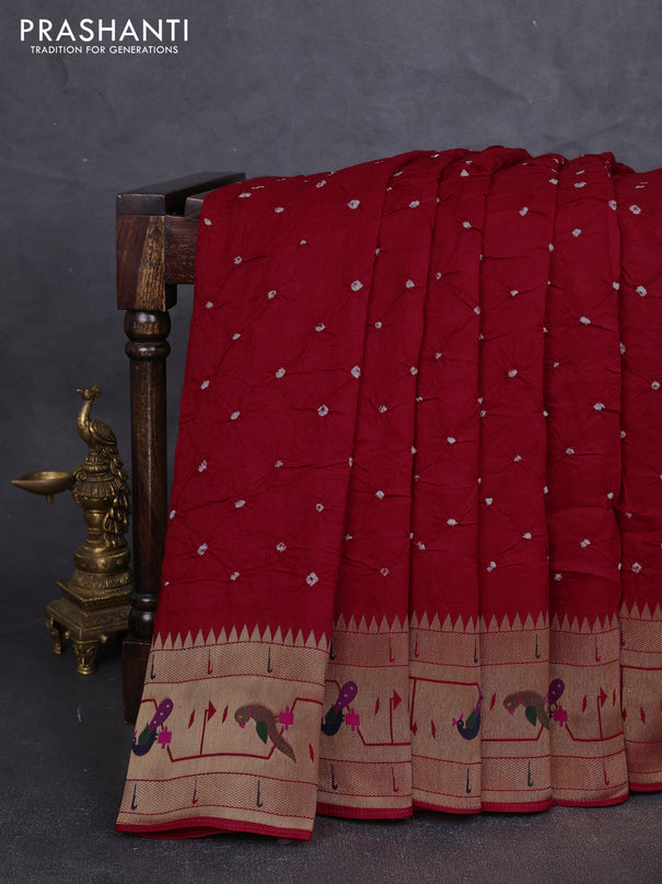 Dola silk saree red with allover bandhani prints and paithani border