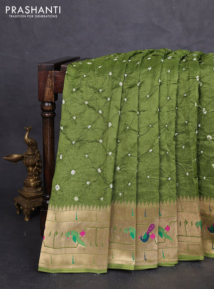 Dola silk saree green with allover bandhani prints and paithani border